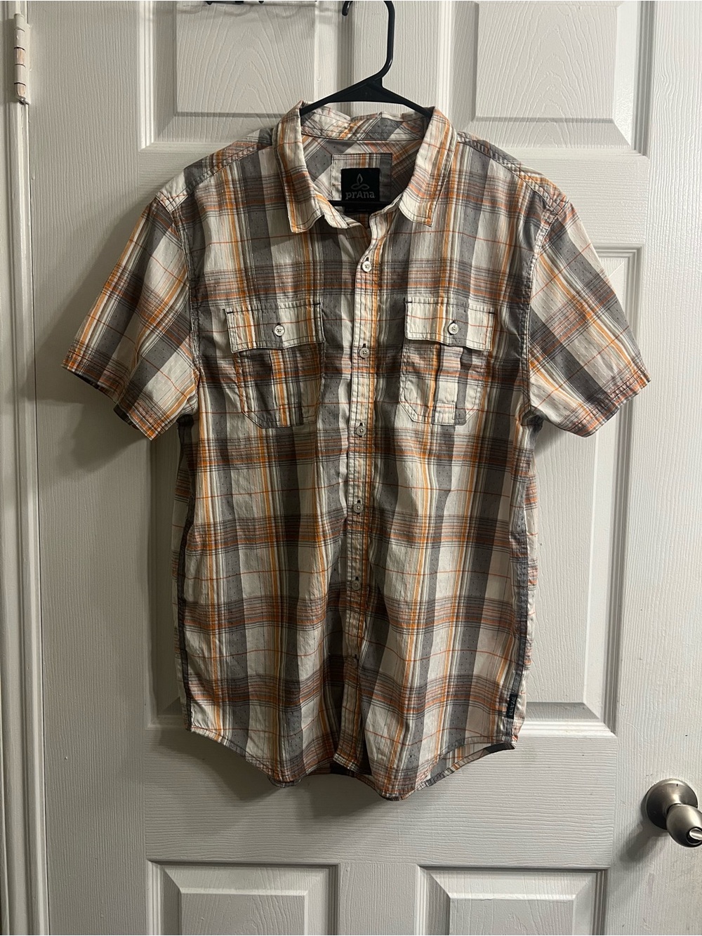 Prana Short Sleeve Plaid Button-Up Shirt - Cream, Orange & Gray